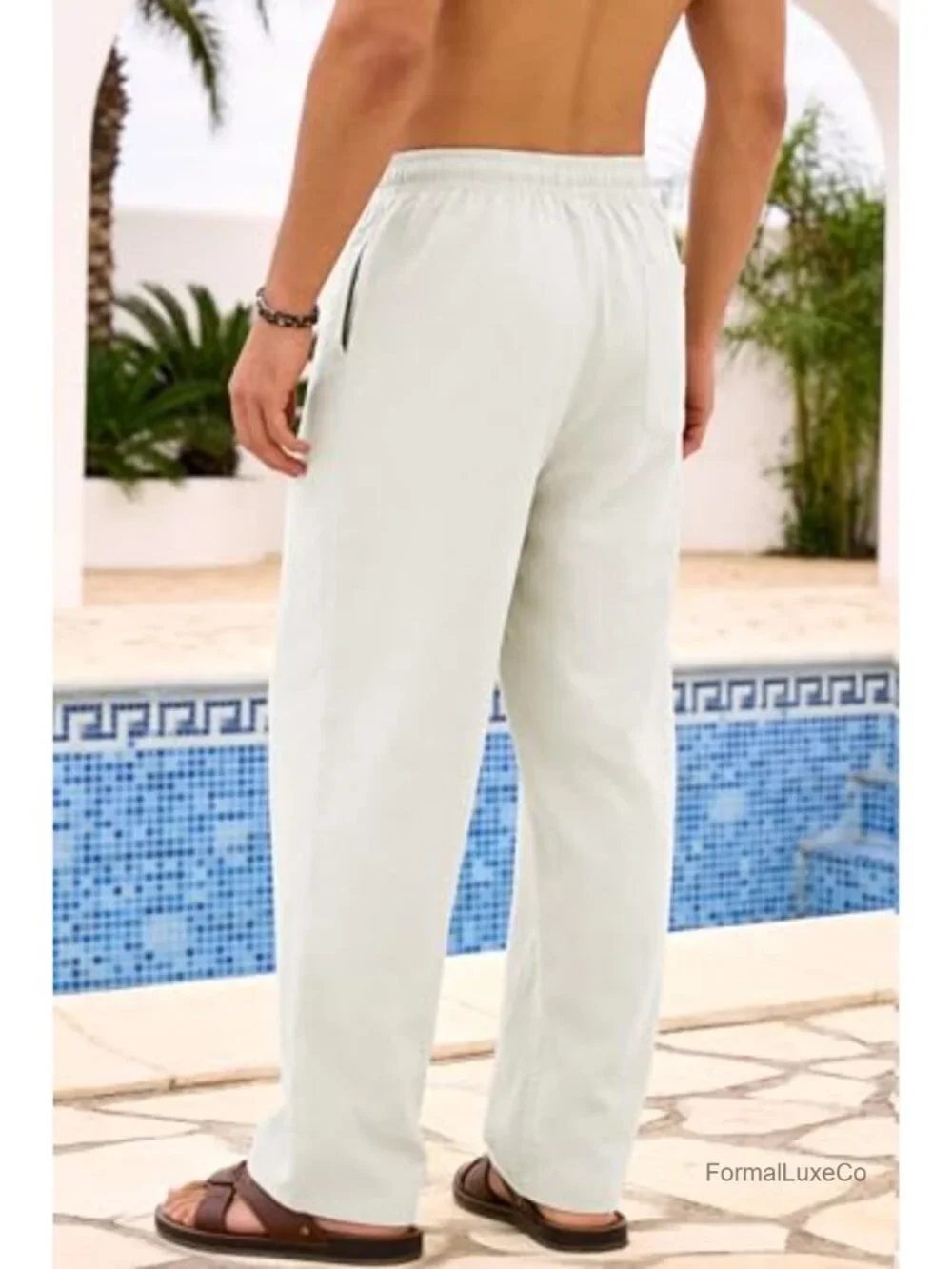 Men's Cotton Linen Pants Elastic Drawstring Lightweight Relaxed Fit Straight